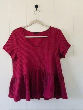 SHEIN Raspberry Waffle Knit Short Sleeve Peplum Top